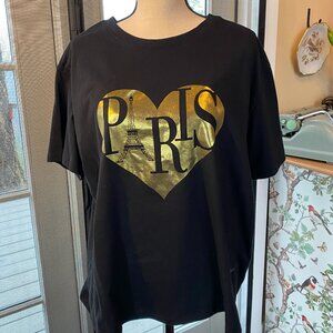 Free Kisses LA 2X Gold Paris Heart Black Ladies Short Sleeve T Shirt in VGUC
